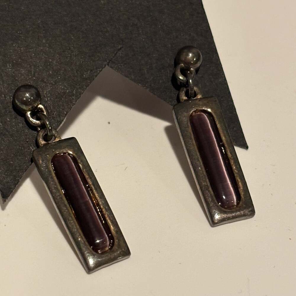 Vintage Purple Tiger's Eye Glass Rectangle Drop Post Earrings